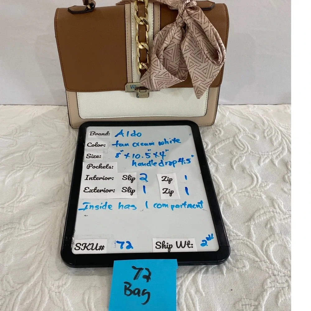 ALDO Colorblock Top Handle Satchel Tan Cream Scarf Accent Luxury‎ Handbag Style